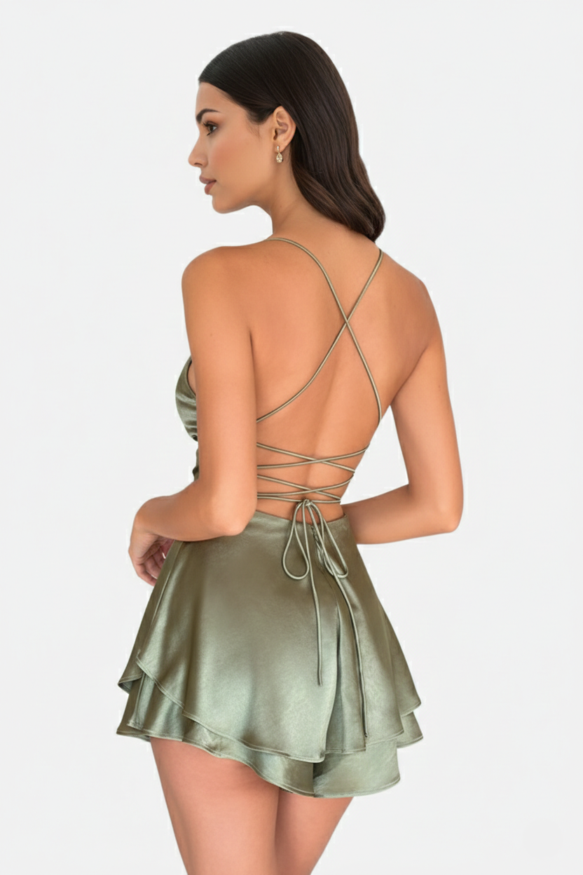 Satin Spaghetti Strap Tiered Mini Dress with Lace Up Back - Siopie