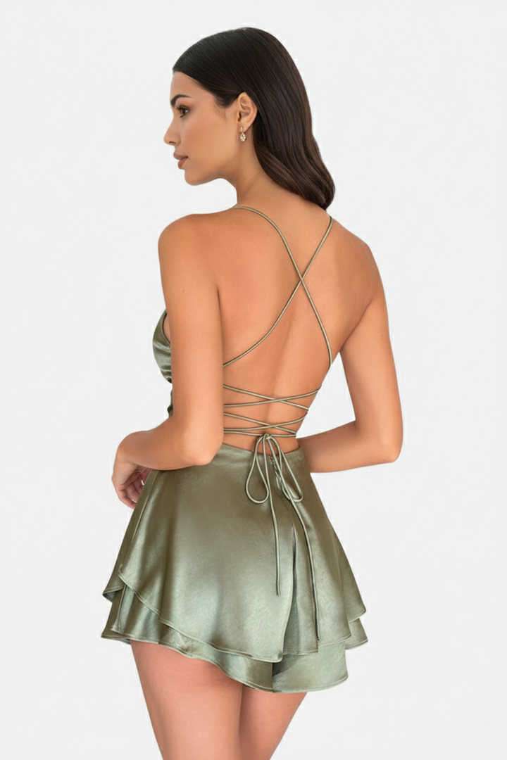 Satin Spaghetti Strap Tiered Mini Dress with Lace Up Back - Siopie