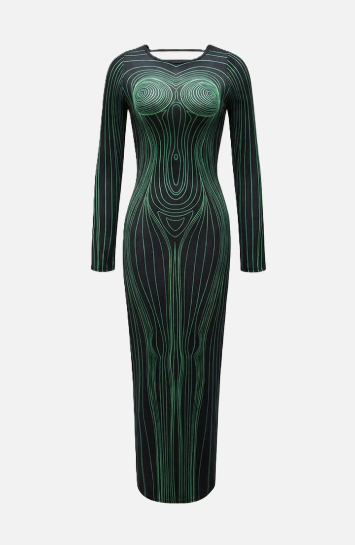 Bodycon Evening Dress with Body Optical Illusion Long Sleeve Maxi Length