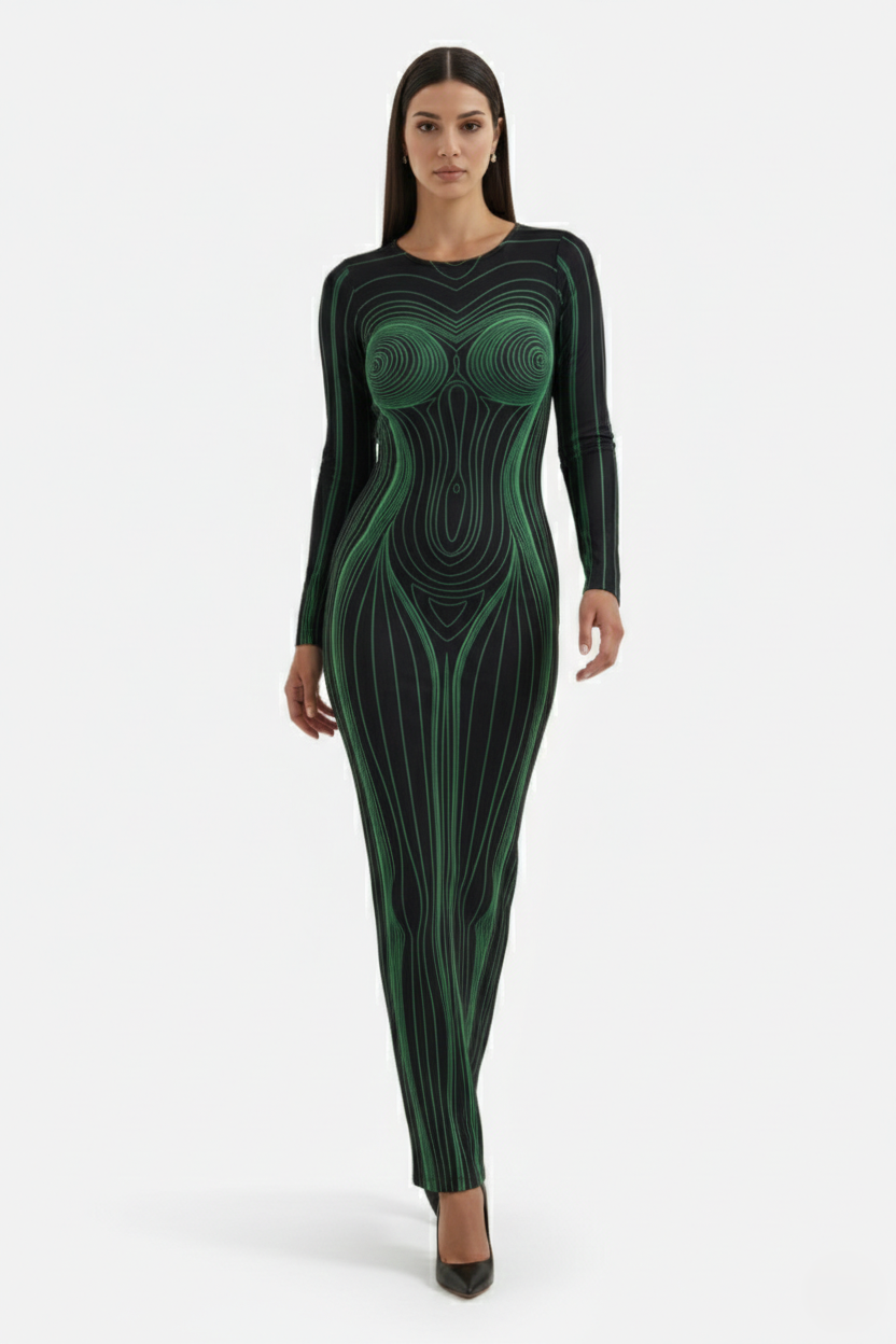 Bodycon Evening Dress with Body Optical Illusion Long Sleeve Maxi Length