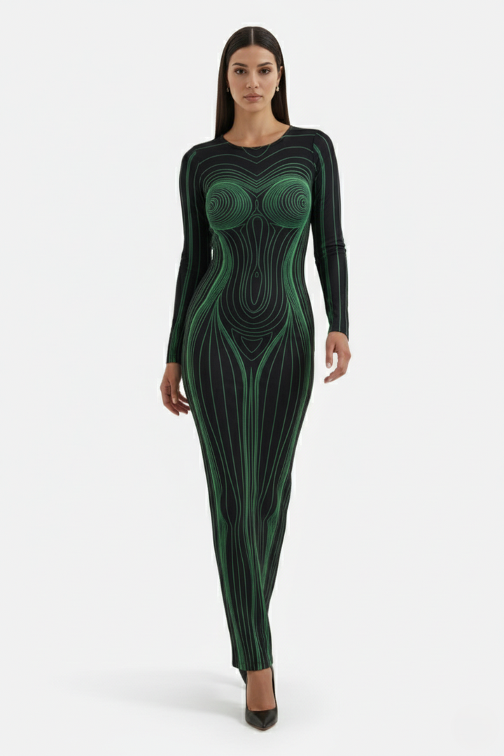 Bodycon Evening Dress with Body Optical Illusion Long Sleeve Maxi Length