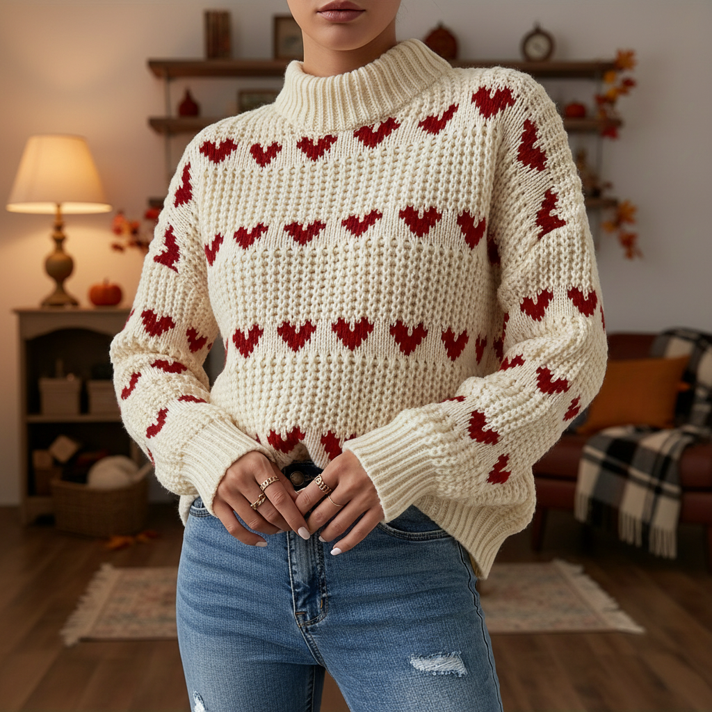Sorvienne Relaxed Chunky Heart Knit Jumper in Cream
