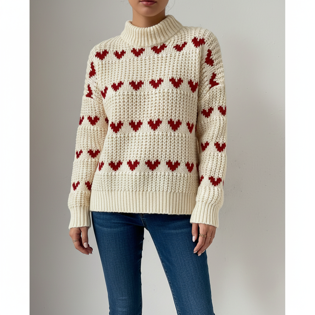 Sorvienne Relaxed Chunky Heart Knit Jumper in Cream