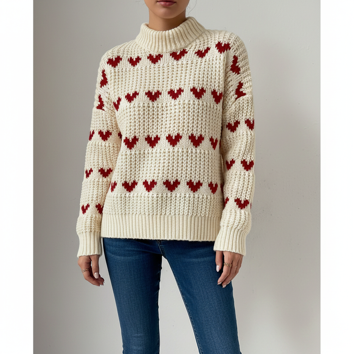 Sorvienne Relaxed Chunky Heart Knit Jumper in Cream