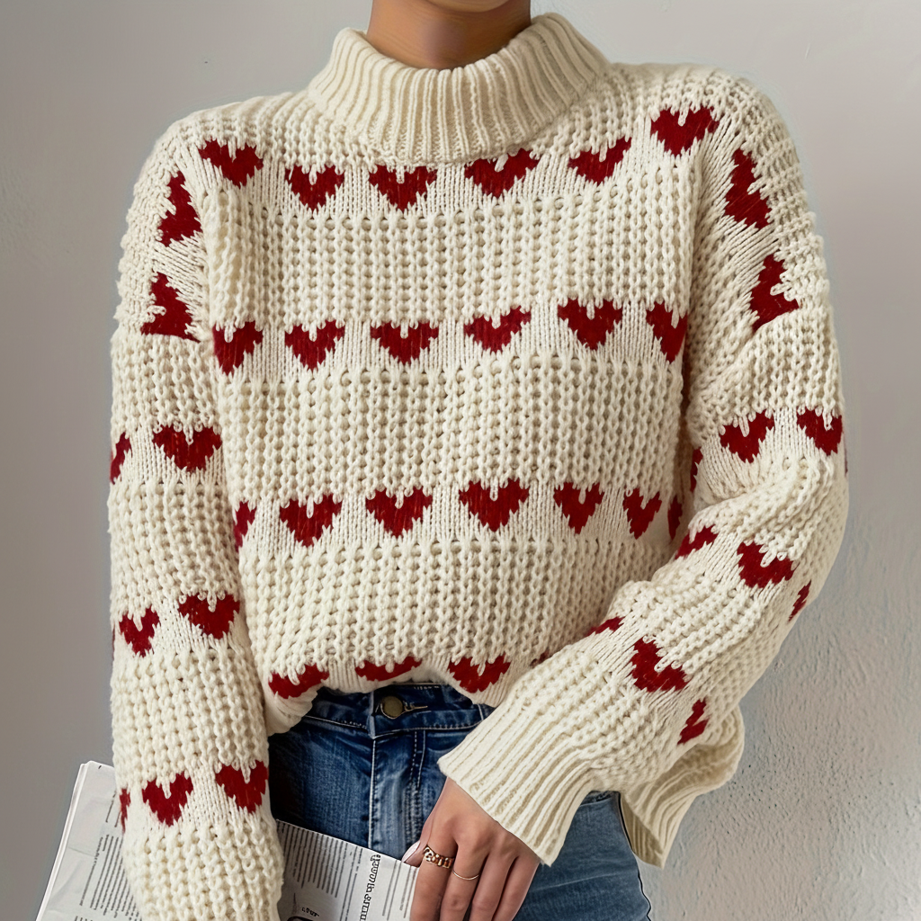 Sorvienne Relaxed Chunky Heart Knit Jumper in Cream