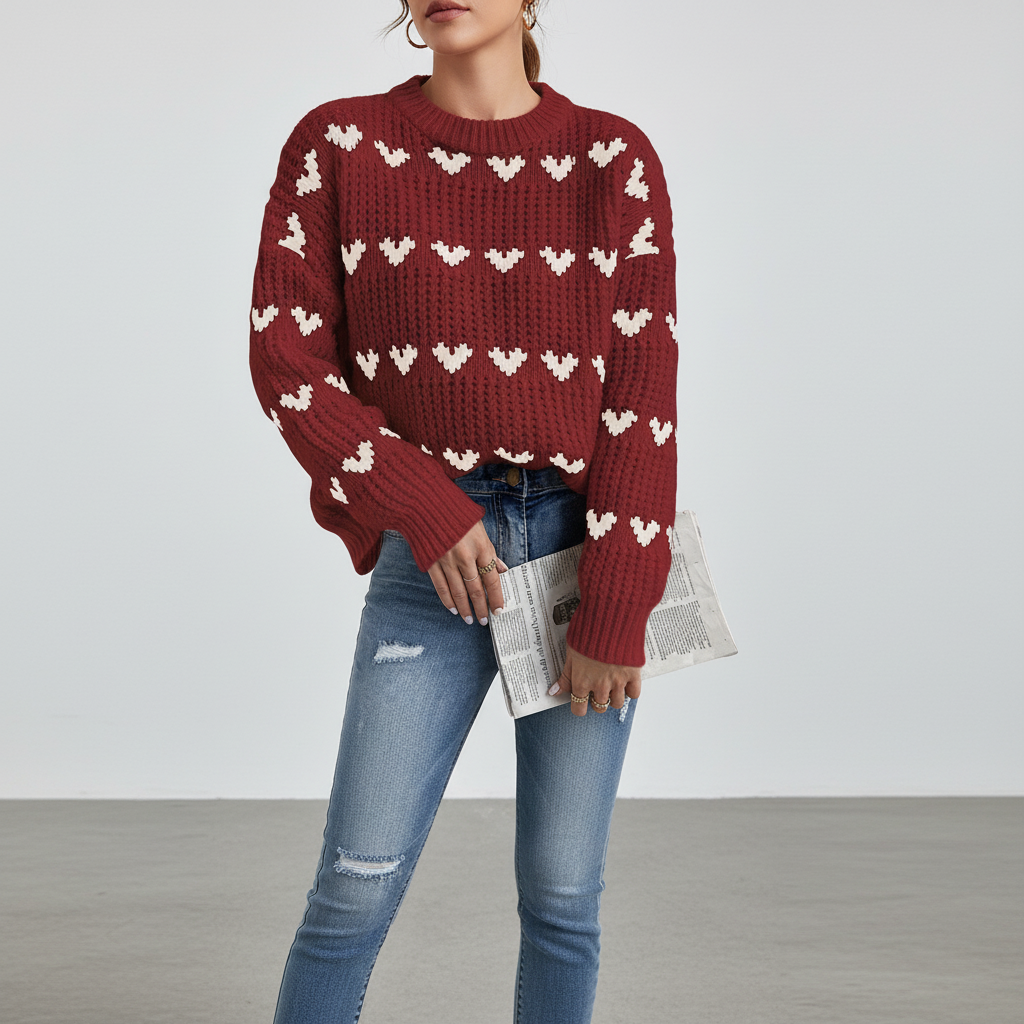 Sorvienne Relaxed Chunky Heart Knit Jumper in Burgundy