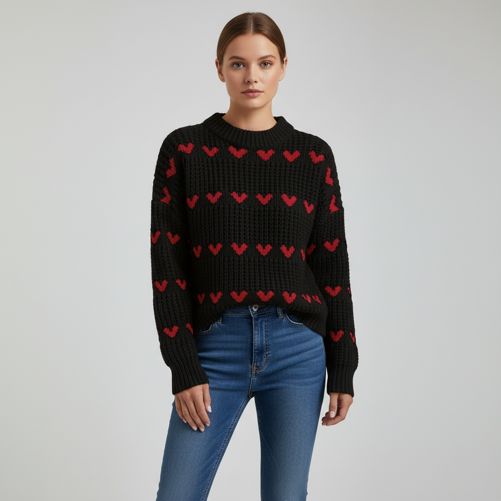 Sorvienne Relaxed Chunky Heart Knit Jumper in Black