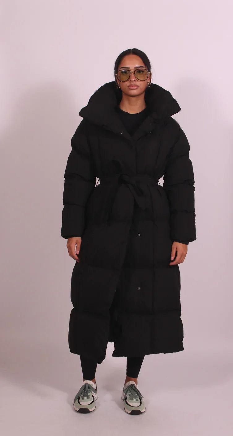 Sorvienne Belted Maxi Puffer Coat in Black