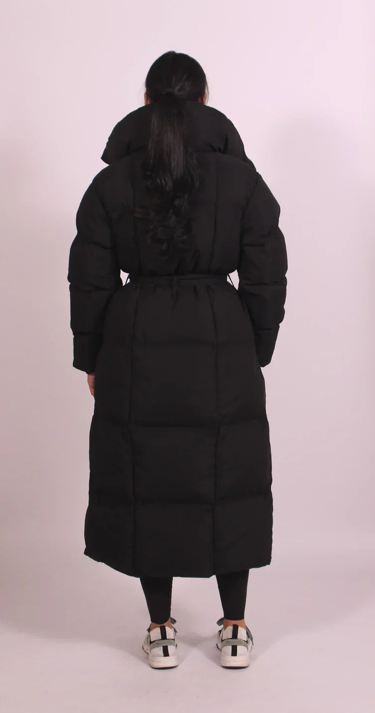 Sorvienne Belted Maxi Puffer Coat in Black