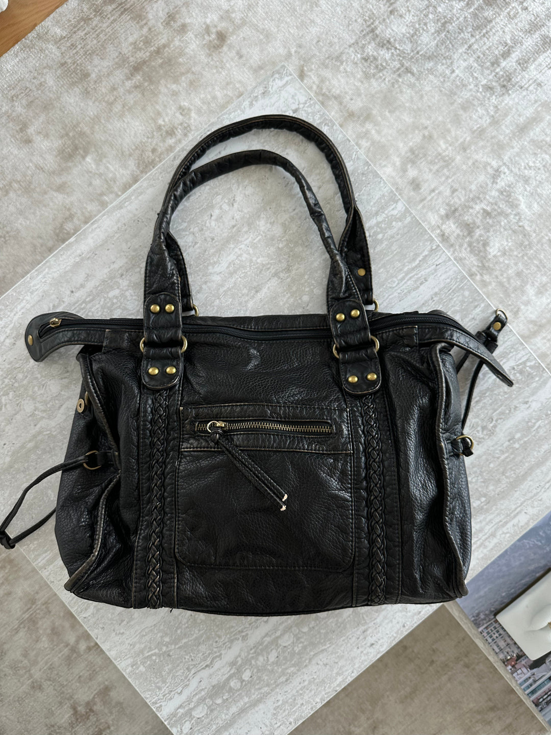 Sorvienne Washed Faux Leather Slouchy Shoulder Bag in Black