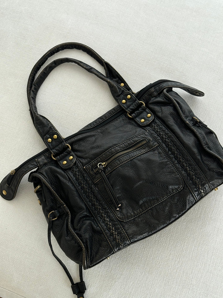 Sorvienne Washed Faux Leather Slouchy Shoulder Bag in Black