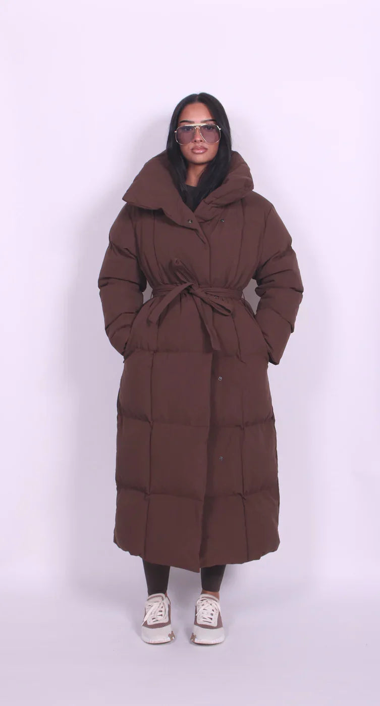 Sorvienne Belted Maxi Puffer Coat in Brown