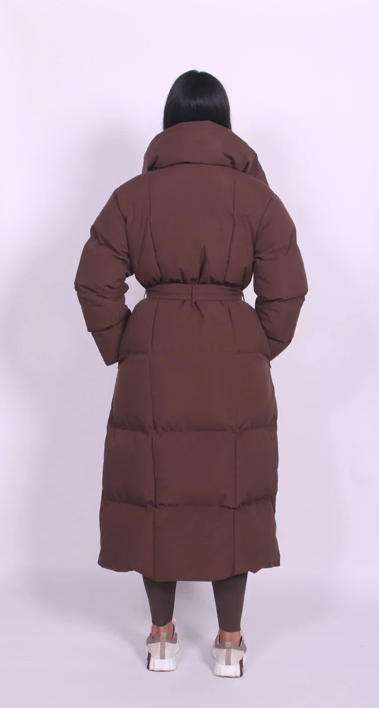 Sorvienne Belted Maxi Puffer Coat in Brown