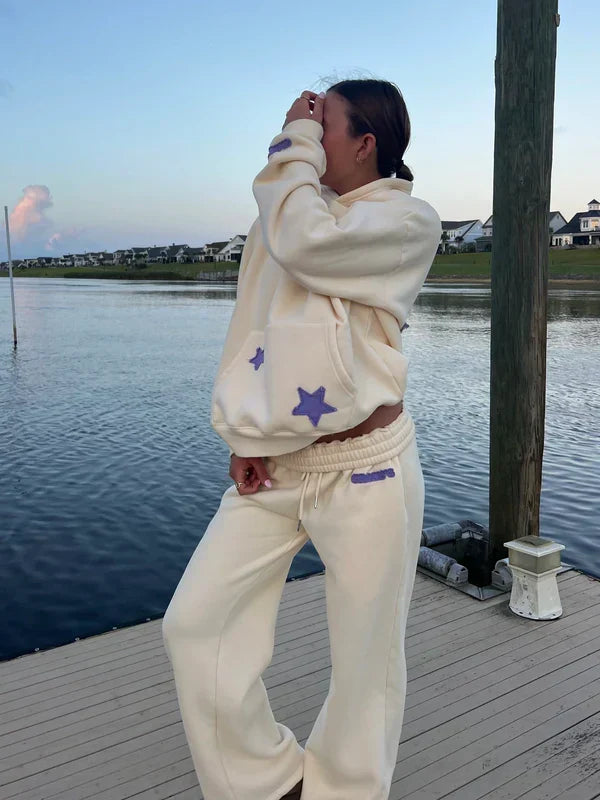 Sorvienne Oversized Star Patch Hoodie and Joggers Set in Cream