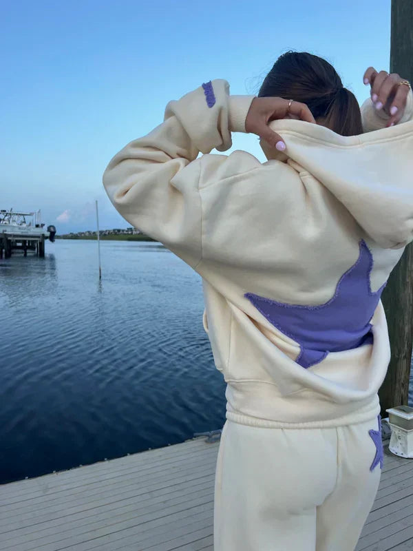Sorvienne Oversized Star Patch Hoodie and Joggers Set in Cream