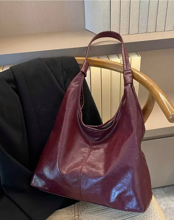 Sorvienne Slouchy Glossy Faux Leather Shoulder Bag in Burgundy