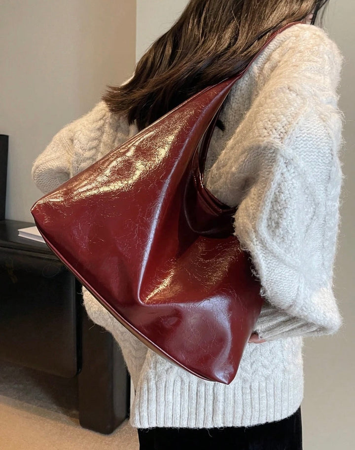 Sorvienne Slouchy Glossy Faux Leather Shoulder Bag in Burgundy