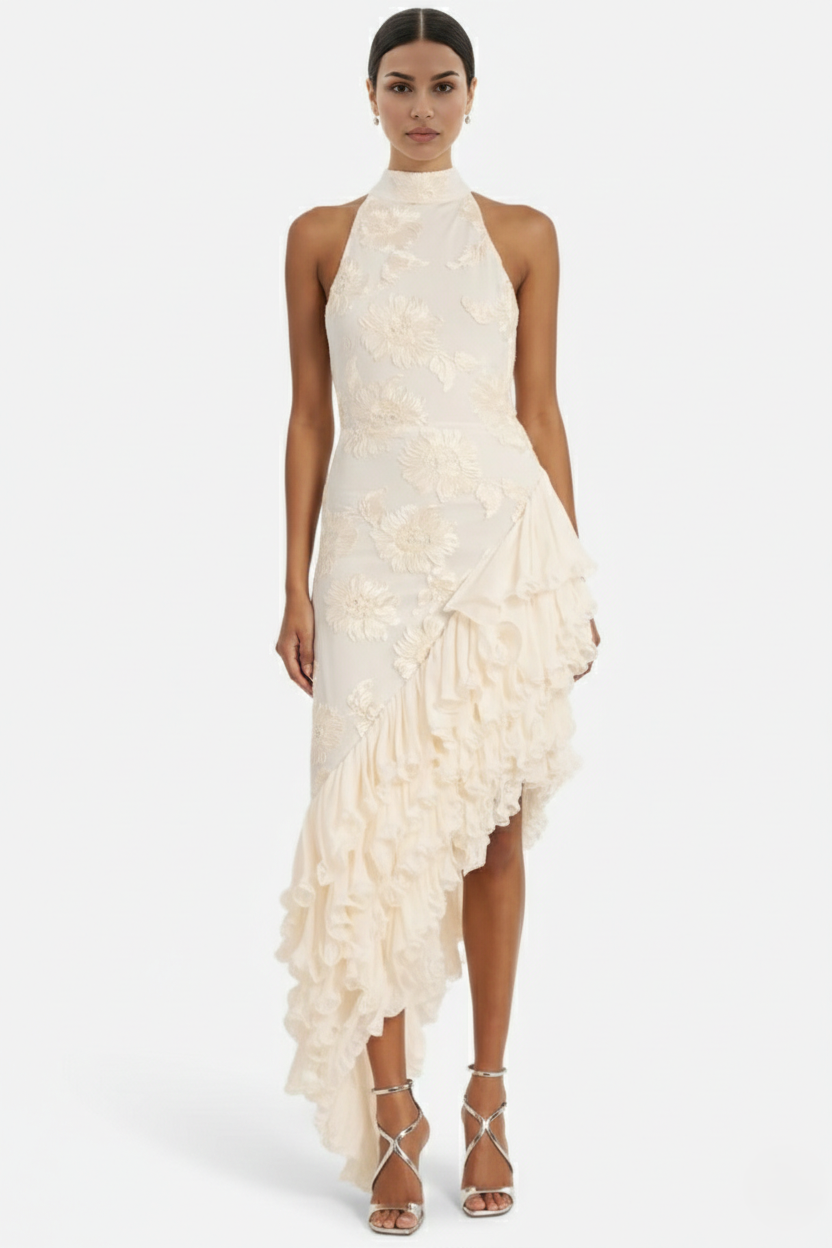 Halter Neck Floral Textured Asymmetric Ruffle Hem Maxi Dress - Siopie