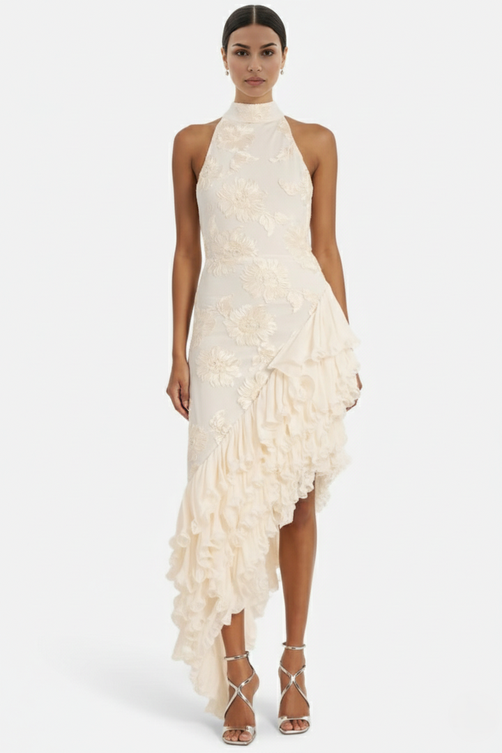 Halter Neck Floral Textured Asymmetric Ruffle Hem Maxi Dress - Siopie