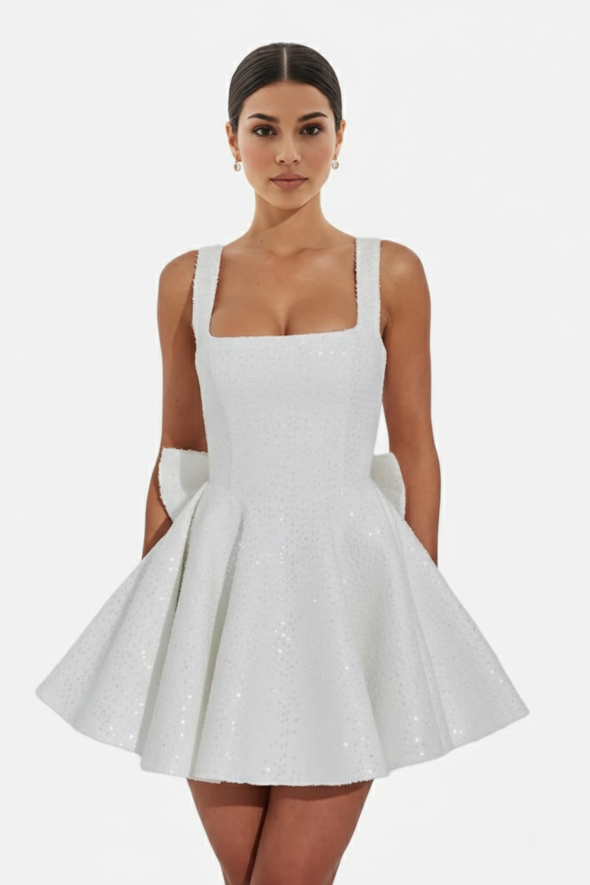 Sequin Square Neck Mini Dress with Structured Skirt and Bow Back Detail - Siopie