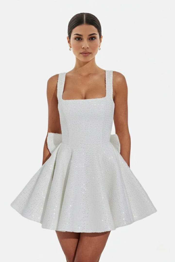 Sequin Square Neck Mini Dress with Structured Skirt and Bow Back Detail - Siopie