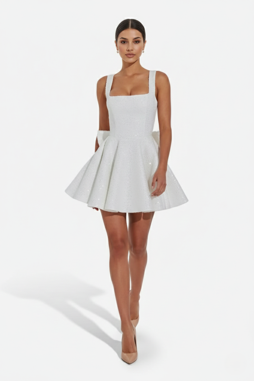 Sequin Square Neck Mini Dress with Structured Skirt and Bow Back Detail - Siopie