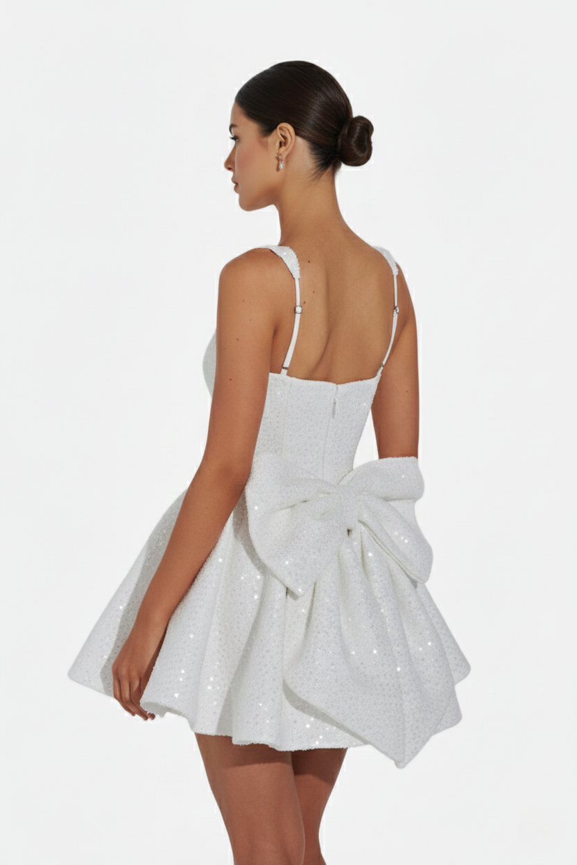 Sequin Square Neck Mini Dress with Structured Skirt and Bow Back Detail - Siopie