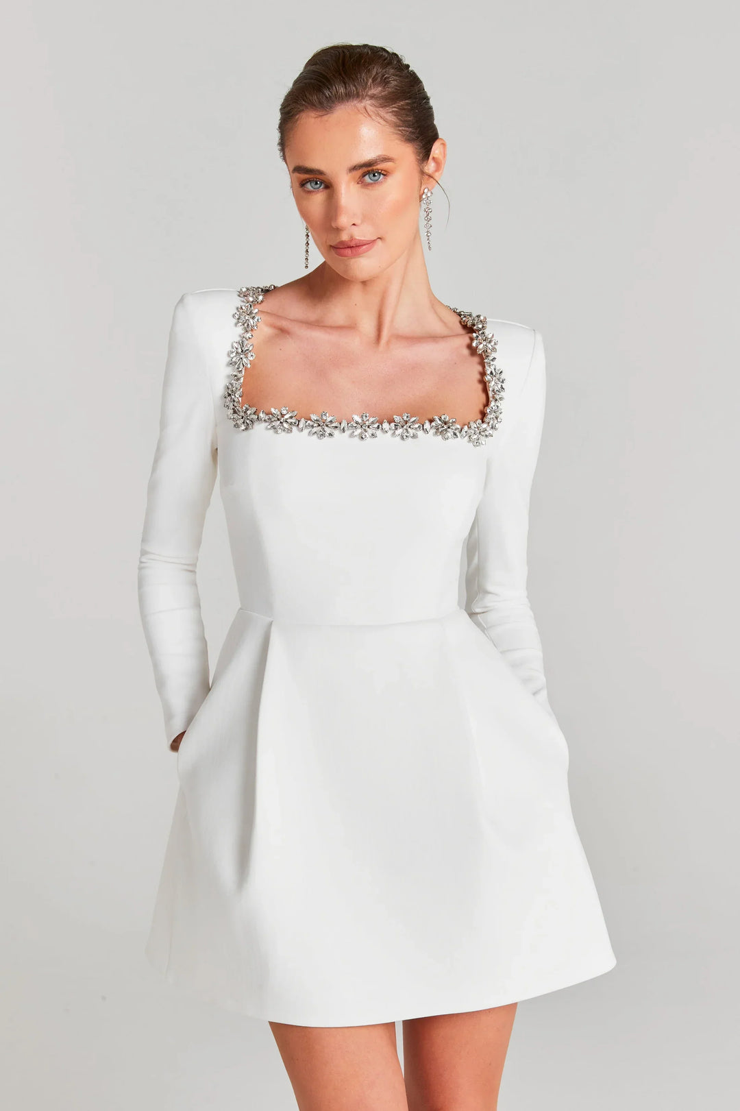 Sorvienne Tailored Embellished Square Neck Velvet Mini Dress in White