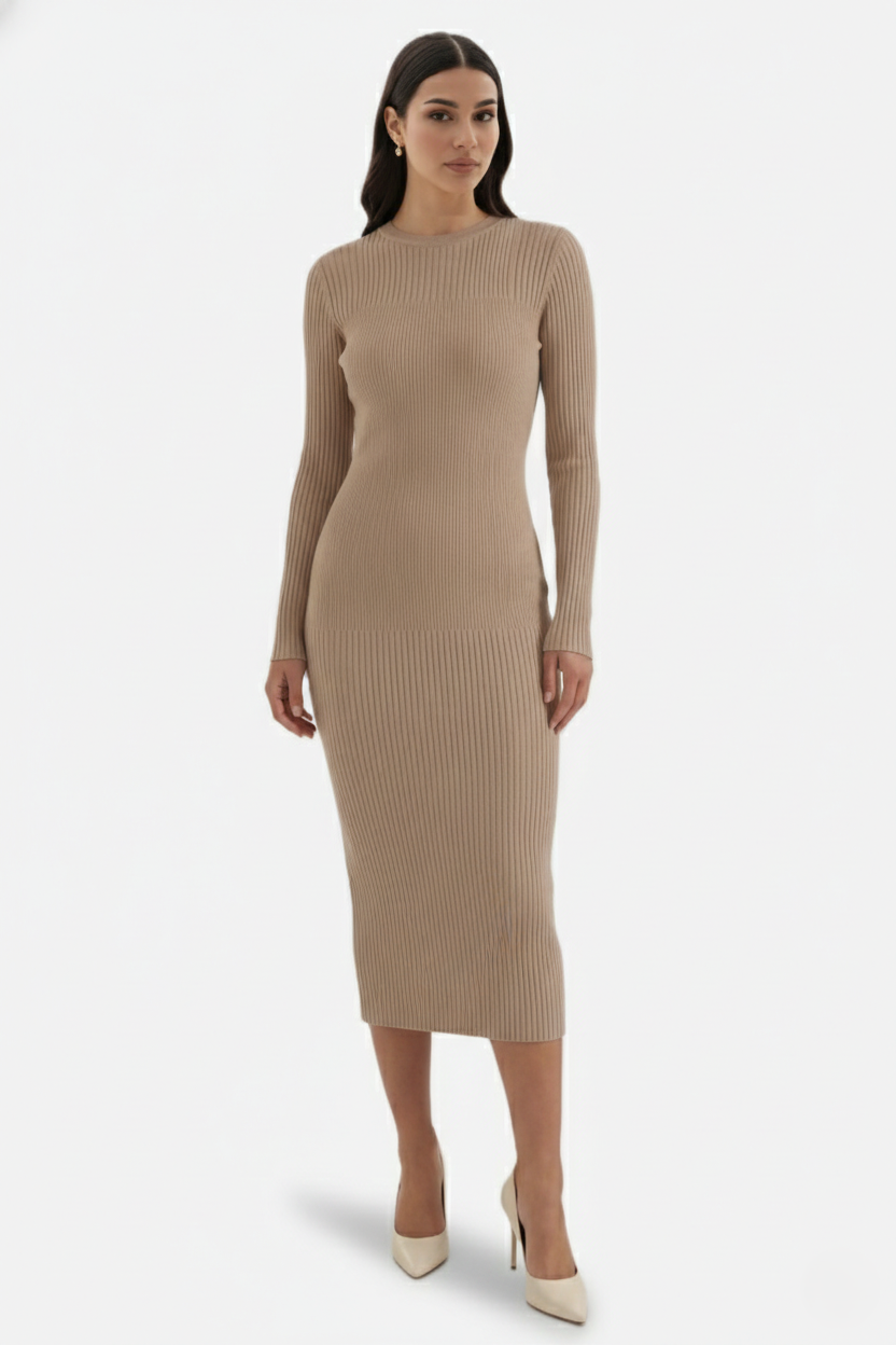 Bodycon Sweater Midi Dress Ribbed Knit Long Sleeve Crew Neck - Siopie