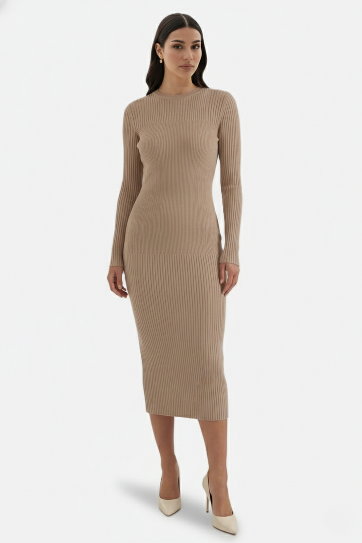 Bodycon Sweater Midi Dress Ribbed Knit Long Sleeve Crew Neck - Siopie