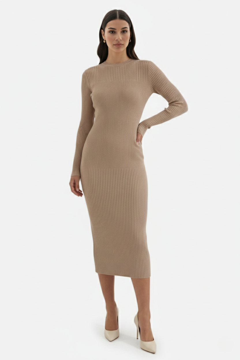Bodycon Sweater Midi Dress Ribbed Knit Long Sleeve Crew Neck - Siopie