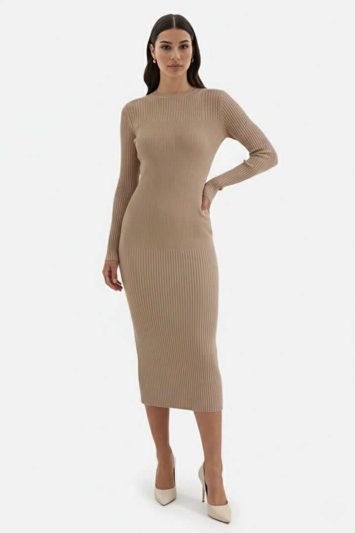 Bodycon Sweater Midi Dress Ribbed Knit Long Sleeve Crew Neck - Siopie