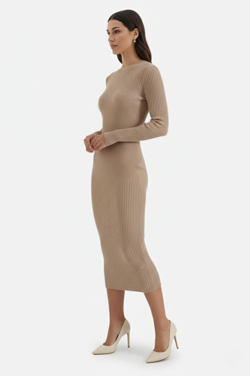 Bodycon Sweater Midi Dress Ribbed Knit Long Sleeve Crew Neck - Siopie