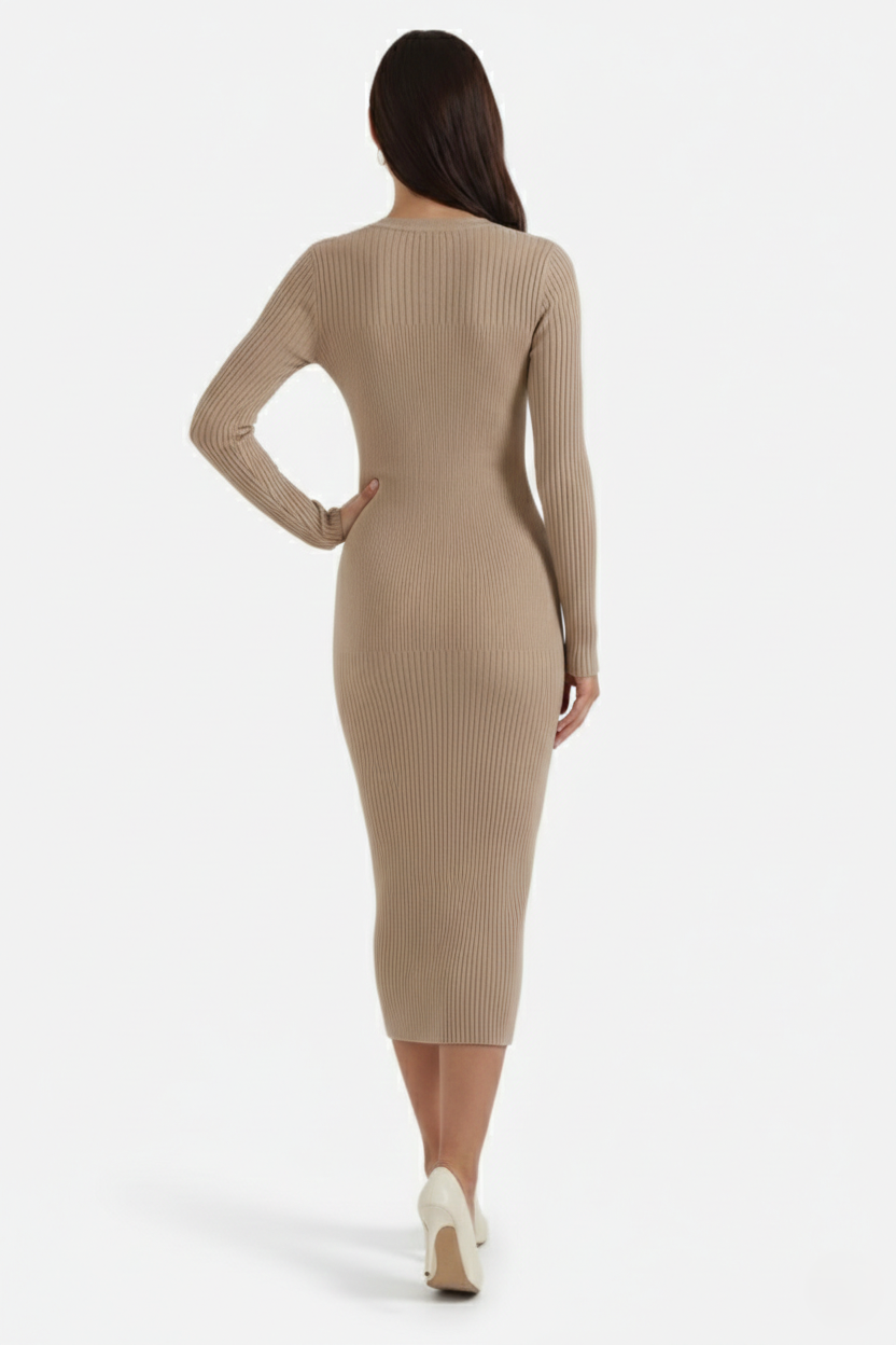 Bodycon Sweater Midi Dress Ribbed Knit Long Sleeve Crew Neck - Siopie