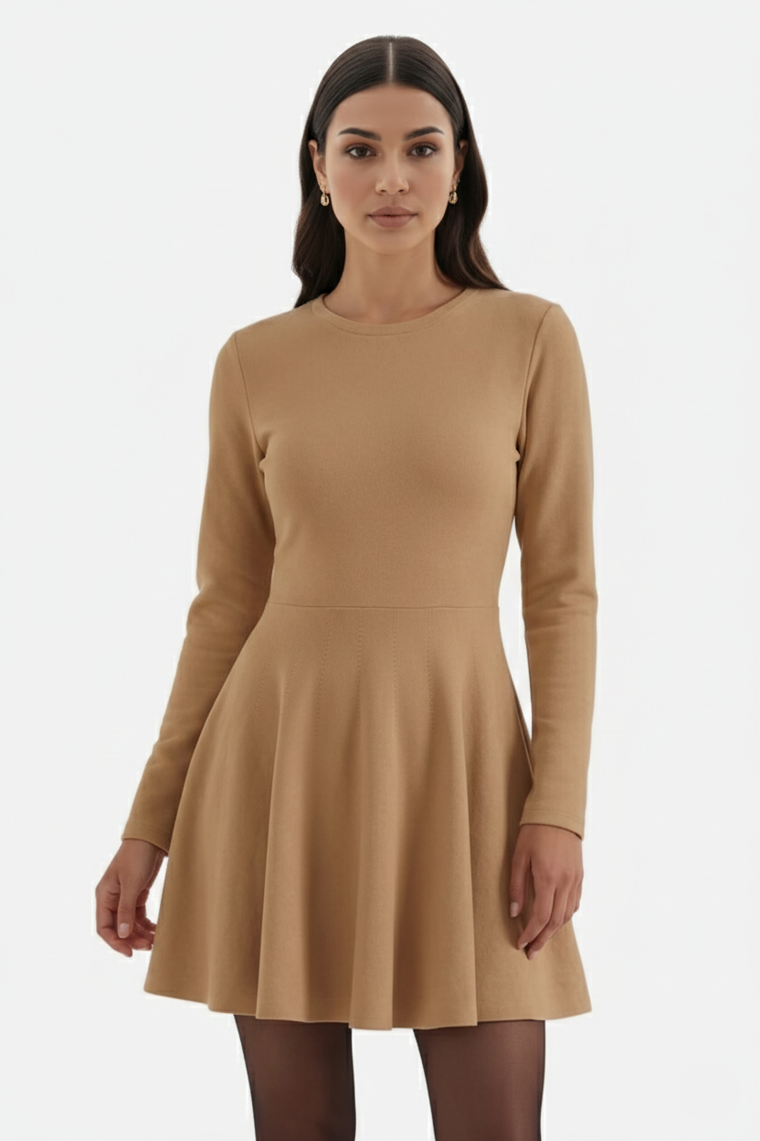 Knitted Long Sleeve Skater Dress - Fit and Flare A-Line Mini - Siopie