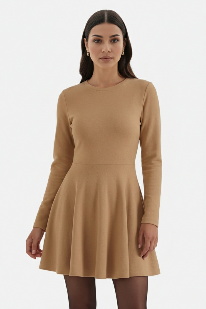 Knitted Long Sleeve Skater Dress - Fit and Flare A-Line Mini - Siopie