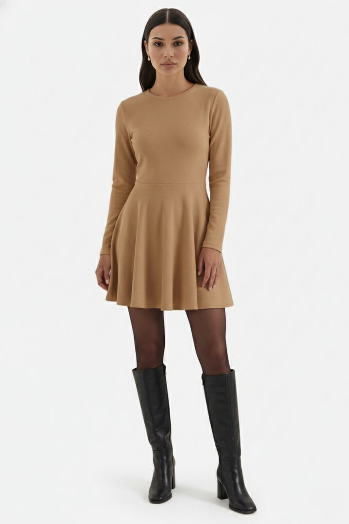 Knitted Long Sleeve Skater Dress - Fit and Flare A-Line Mini - Siopie