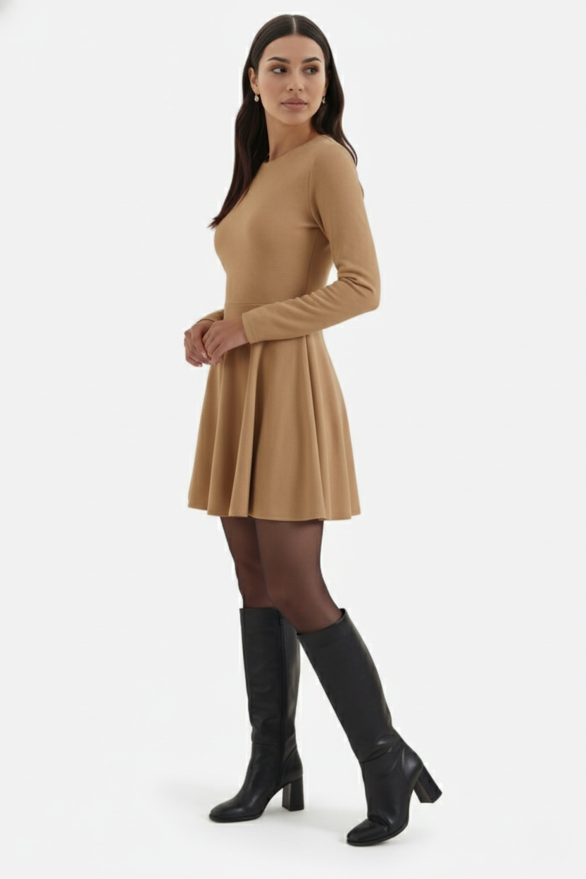 Knitted Long Sleeve Skater Dress - Fit and Flare A-Line Mini - Siopie