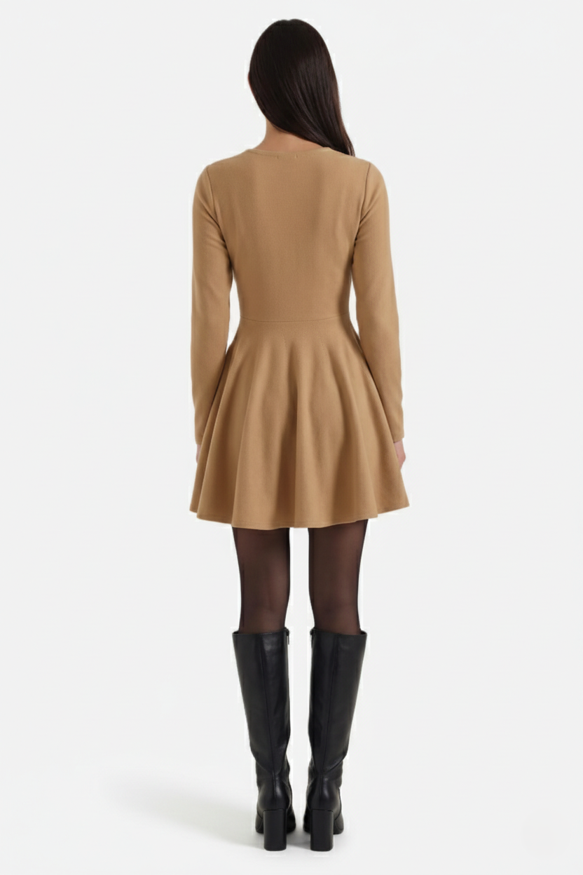 Knitted Long Sleeve Skater Dress - Fit and Flare A-Line Mini - Siopie