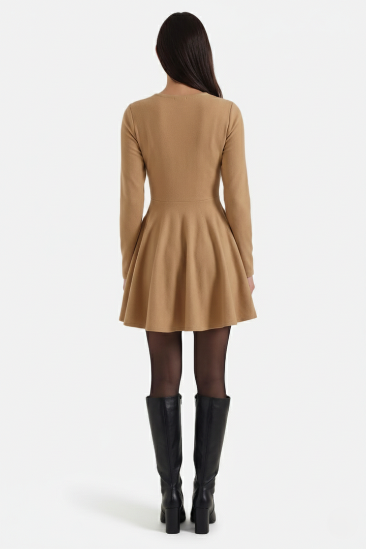 Knitted Long Sleeve Skater Dress - Fit and Flare A-Line Mini - Siopie