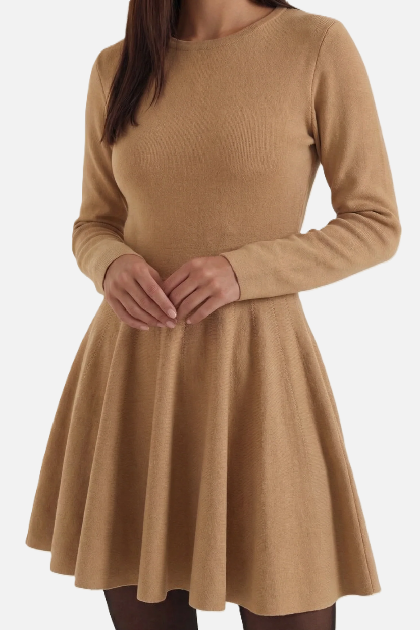 Knitted Long Sleeve Skater Dress - Fit and Flare A-Line Mini - Siopie