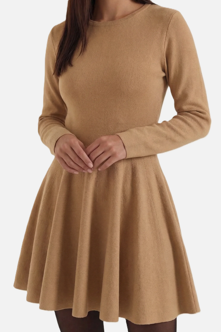 Knitted Long Sleeve Skater Dress - Fit and Flare A-Line Mini - Siopie