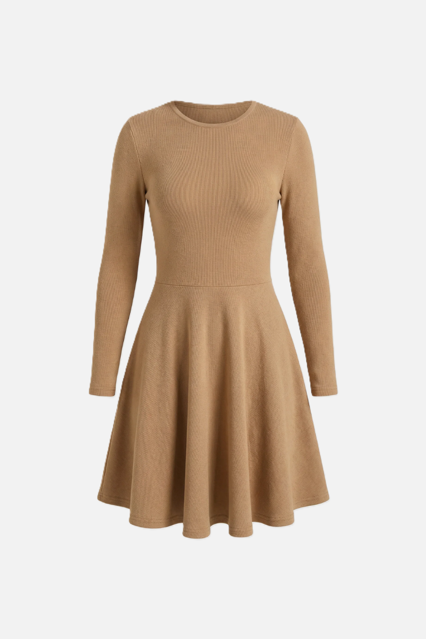 Knitted Long Sleeve Skater Dress - Fit and Flare A-Line Mini - Siopie