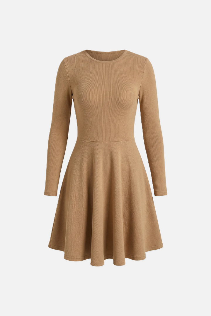 Knitted Long Sleeve Skater Dress - Fit and Flare A-Line Mini - Siopie