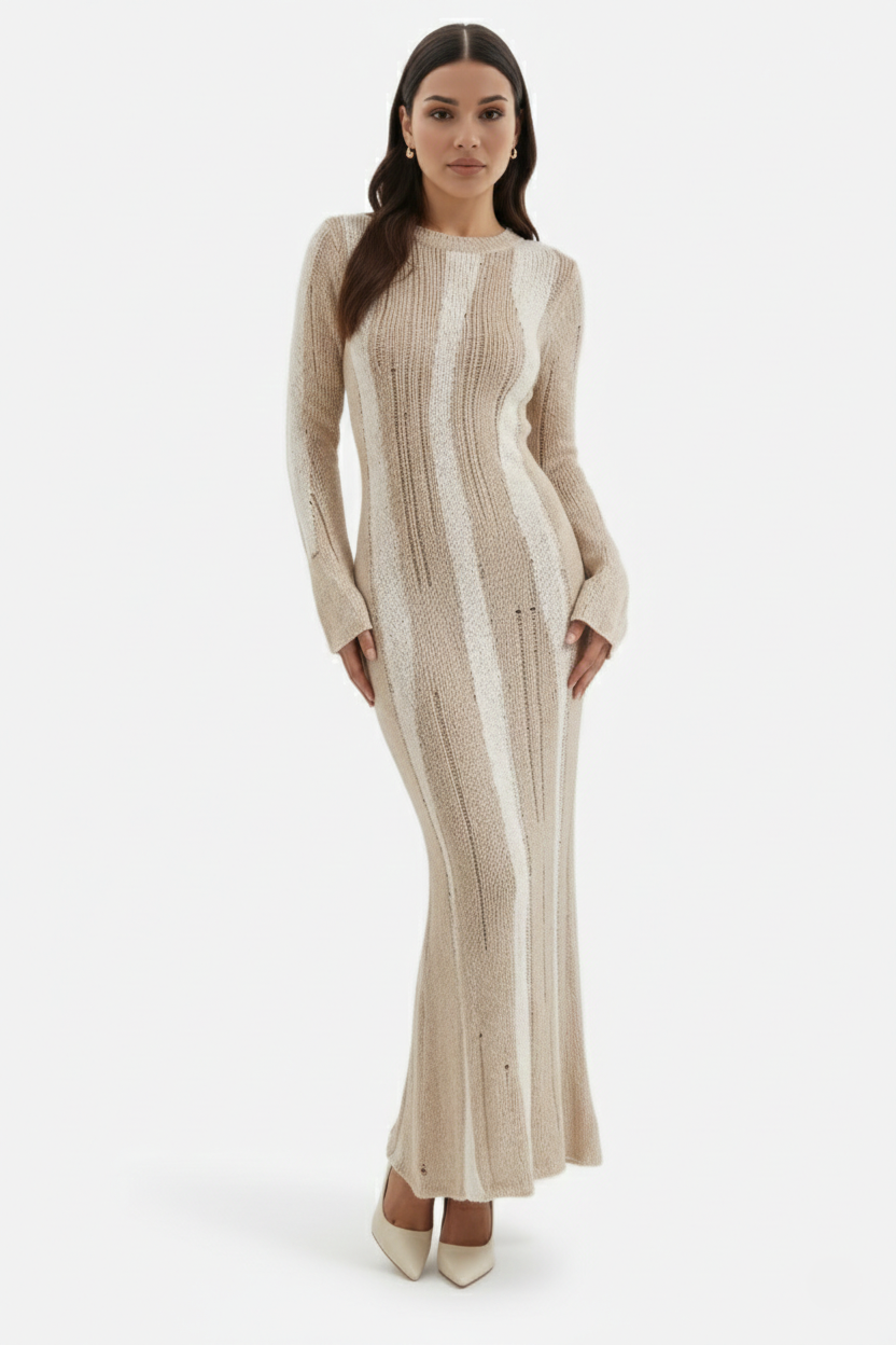 Striped Soft Knit Long Sleeve Maxi Dress - Siopie
