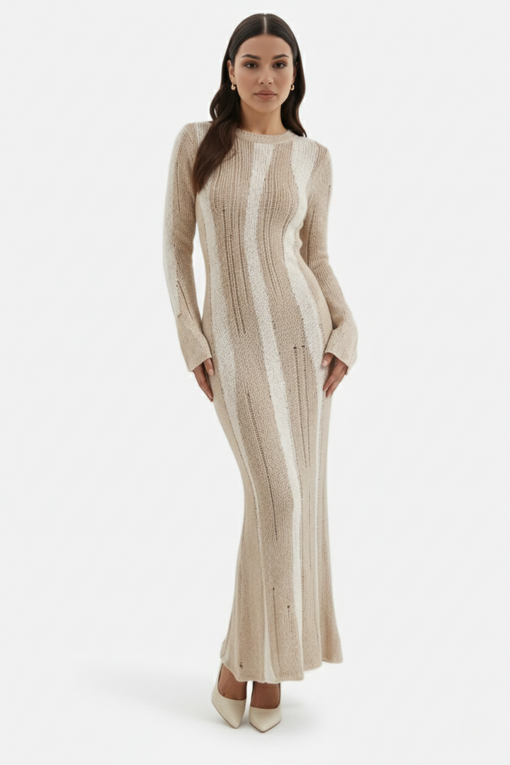 Striped Soft Knit Long Sleeve Maxi Dress - Siopie