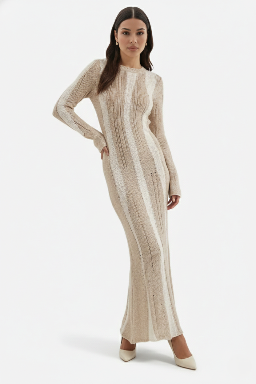 Striped Soft Knit Long Sleeve Maxi Dress - Siopie