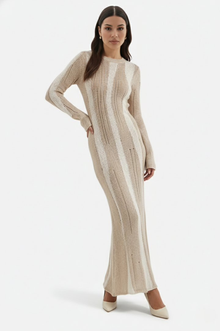Striped Soft Knit Long Sleeve Maxi Dress - Siopie