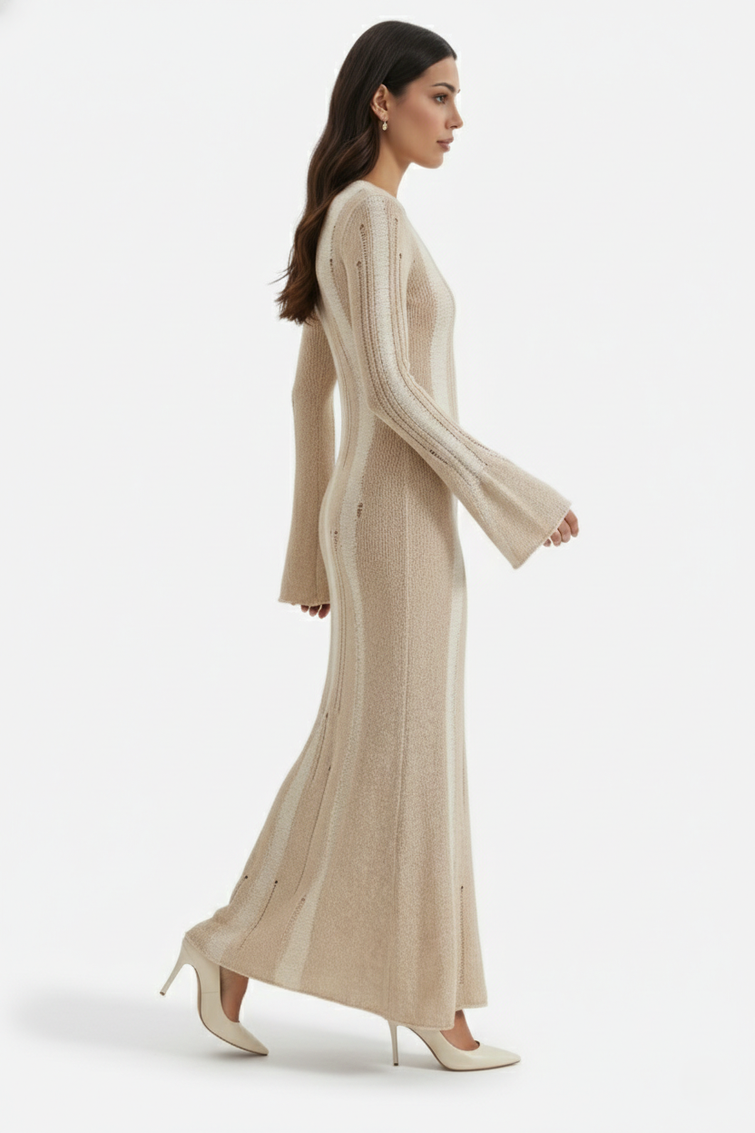 Striped Soft Knit Long Sleeve Maxi Dress - Siopie