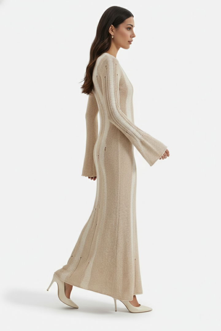 Striped Soft Knit Long Sleeve Maxi Dress - Siopie